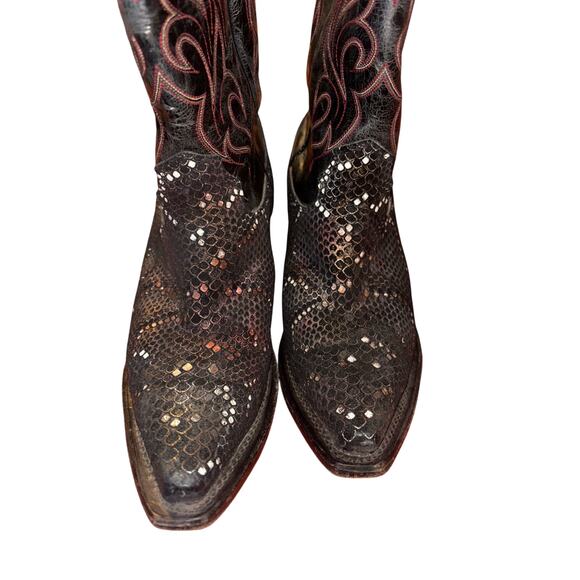 James Montague Nocona Black & Red Snakeskin Western Cowboy Boots - Picture 2 of 9